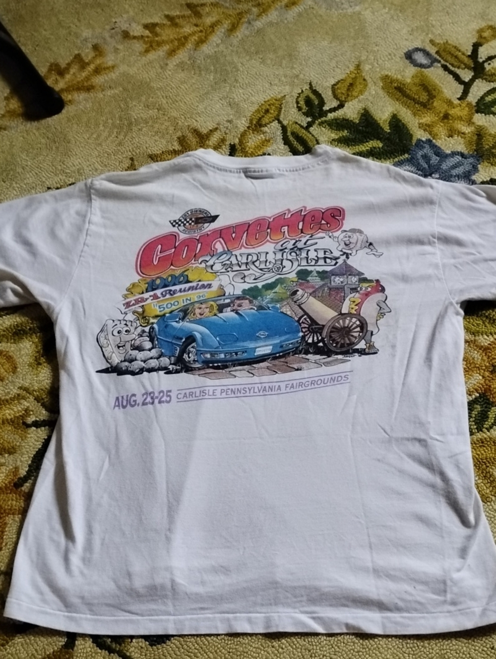 Men's White Vintage Large Carlisle Corvette Car Automotive Cartoon Shirt